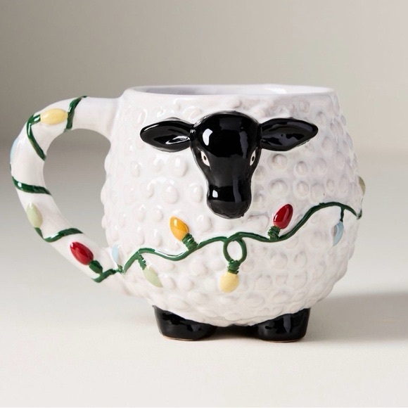 Set of Two Brand New Anthropologie Festive Holiday Sheep Stoneware Mug, 10oz NWT - Picture 2 of 4